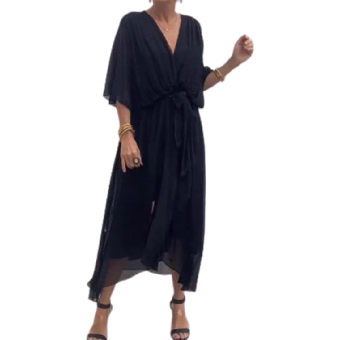Fluente Chiffon Profondo V Collo Midi Abito per le Donne Elegante Chiffon V-collo Solido Sexy Casual Trendy Abito Estivo