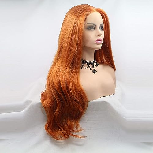 ELESTY Orange Color Synthetic Lace Front Wigs Free Part Long Wavy Synthetic Glueless Half Hand Tied Lace Wigs For Women 24Inch