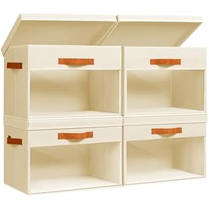 Large Storage Bins with Lids – 4 Pack Foldable Decorative Organizers with Clear Windows & Handles, Cube Storage Organizers for Clothes, Blankets, Sweaters, Sheets, Beige