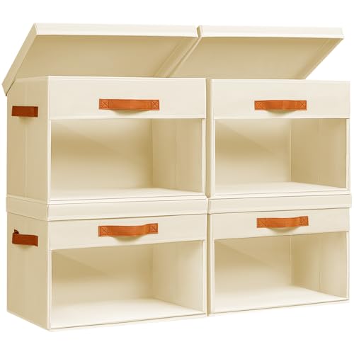 Large Storage Bins with Lids – 4 Pack Foldable Decorative Organizers with Clear Windows & Handles, Cube Storage Organizers for Clothes, Blankets, Sweaters, Sheets, Beige