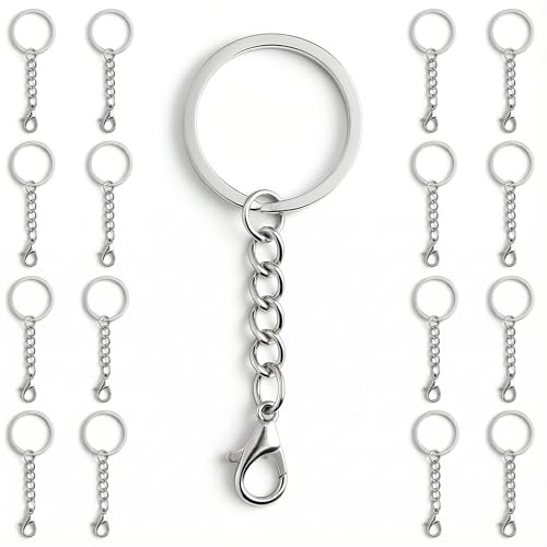 20 Pack Lobster Clasp Keychain Kit with Chain & 1.25 Inch Split Rings &ndash; Bulk Silver Zinc Alloy Swivel Snap Hooks &ndash; Heavy Duty Metal Hardware for DIY Macrame, Resin Craft, Car Keys & Lanyards