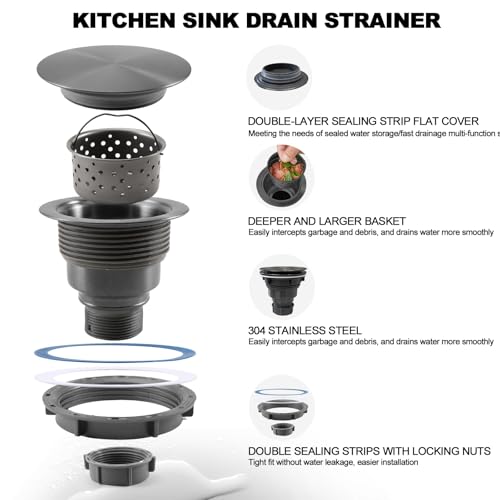 QruiLanTu 3 1/2" Kitchen Sink Drain Kit Replacement Sink Drain Assembly Removable 304 Stainless Steel Deepen Sink Strainer Basket with Sealing Cover for Kitchen Laundry Room RV(Black) by QruiLanTu - Used condition - Image 5