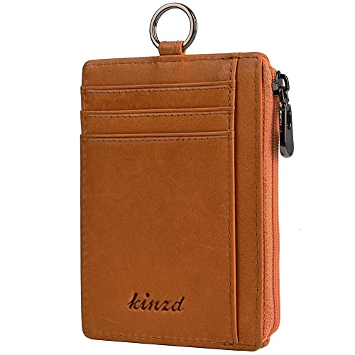 Image of kinzd Slim Minimalist Zipper Credit Card Holder Leather Front Pocket Wallet with Keychain Ring Lanyard Strap
