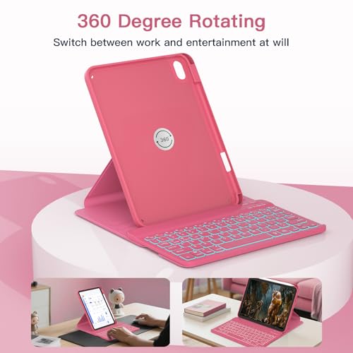 Image of RAYMCRAFT for iPad 11th(A16, 2025) /10th Generation Case with Keyboard, 360 Rotatable Case & Detachable Backlit Keyboard, Precision Cutouts and Pen Holder for iPad A16 11'' /10th 10.9'', Sparkling Pink