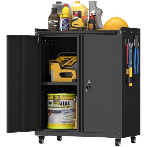 Image of Metal Cabinet with Wheels, Steel Cabine with Locking Doors, Small Cabinet with Adjustable Shelf, Tool Cabinets for Garage, Suitable for Home Office, Garage, Office