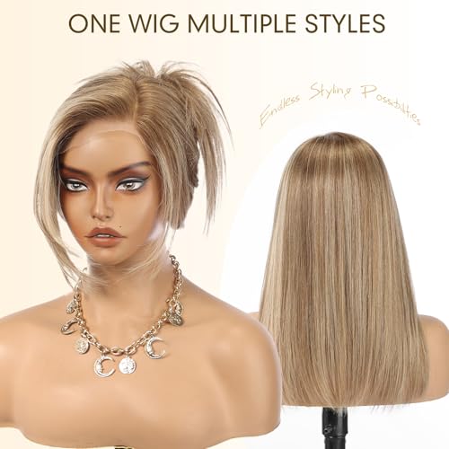 Image of KKU 100% Human Hair Wigs for Women,Real Human Hair Wigs,Side Swept Bangs Lace Front Wig(16 Inch,Brown Mixed Blonde)