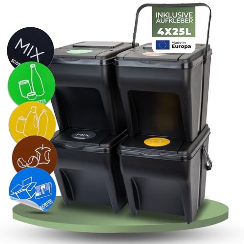 Novaliv Mülltrennsystem Set - 4x 25L Mülleimer Trennsystem - Mülleimer 4 Fächer - Mülltrennsysteme stapelbar - Mülltrennung Recycling Behälter - Abfalltrennsystem - Müll Organizer Müllsortierer