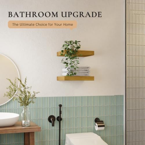 Image of 16 Inch Extra Deep Floating Shelves Set of 2-12 inch Wide Solid Paulownia Wood Wall Mounted Shelves, Natural Wood Finish, Heavy Duty Long Display Ledge for Kitchen, Living Room & Home Office