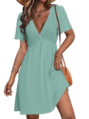 Image of Simplee Womens Summer Casual V Neck Dress Sexy Short Sleeve Mini Sundress Boho Western Empire Waist Pocket Dresses 2026