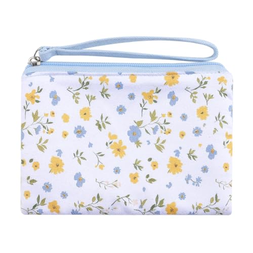 Cotton Floral Mini Organizer Bag Coin Purse for Women with KeyChain Cute Printed Zipper Change Purse Coin Pouch Card Holder Wallet Clutch for Women Girls