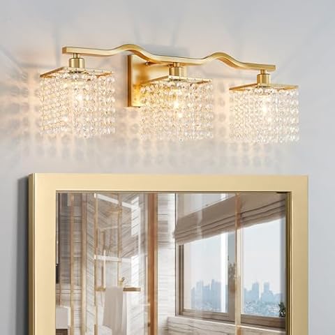 WUZUPS 3-Light Bathroom Light Fixture Over Mirror Morden Vanity Wall Sconces Light Clear Crystal Drop for Bedroom Living Room, E12 Base, Gold Cover
