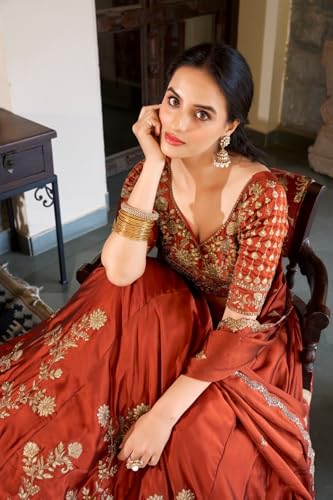 Image of JIHU CULTURE Women's Orange Sequence Embroidery Work Silk Semi-Sttiched Lehenga Choli-JH290ORG