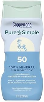 Coppertone Pure and Simple Zinc Oxide Mineral Sunscreen Lotion SPF 50, Water Resistant Sunscreen for Sensitive Skin, Hypoallergenic and Fragrance Free, 6 Fl Oz Bottle