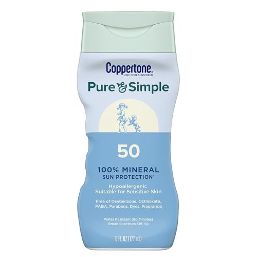 Coppertone Pure and Simple Zinc Oxide Mineral Sunscreen Lotion SPF 50, Water Resistant Sunscreen for Sensitive Skin, Hypoallergenic and Fragrance Free, 6 Fl Oz Bottle