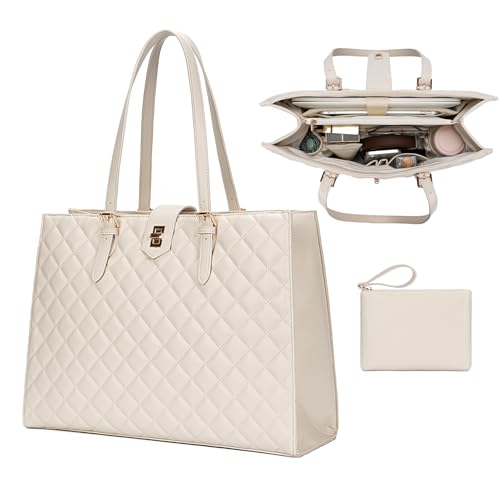 BAGOK Quilted Laptop Tote Bag for Women, Large Capacity Work Tote with Laptop Compartment & Multi Pockets, Fits 13-14' Laptop, Nurse & Teacher Work Bag for Office, Business & Daily Use（Off White）