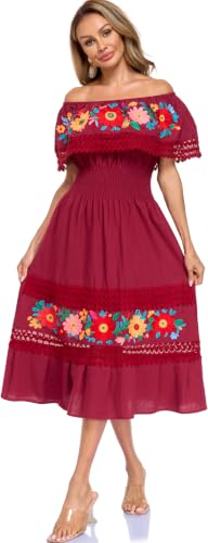 Image of YZXDORWJ Women Embroidered Mexican Peasant Casual Sexy Lace Off-Shoulder Long Dress