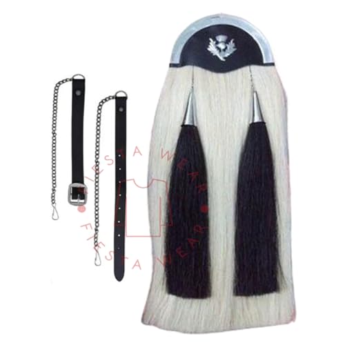 Generic Traditional Highland Scottish Piper Sporran 100% Black Leather & Genuine Kilt Horse Hair Thistle Design Cantle, Standard, White