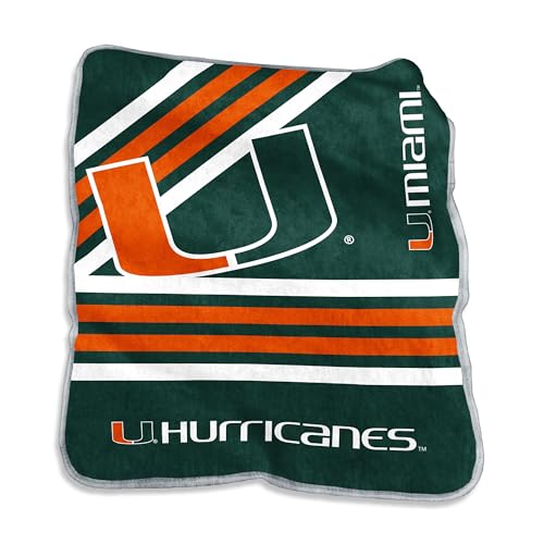 Logo Brands NCAA Miami Hurricanes Raschel Throw Blanket - Super Plush Comfort, Sublimated Logo, Machine Washable