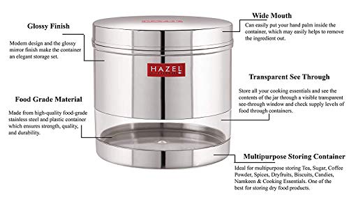 Image of HAZEL Stainless Steel Transparent Wide Mouth See Through Container, Silver, 1 PC, 1100 Ml