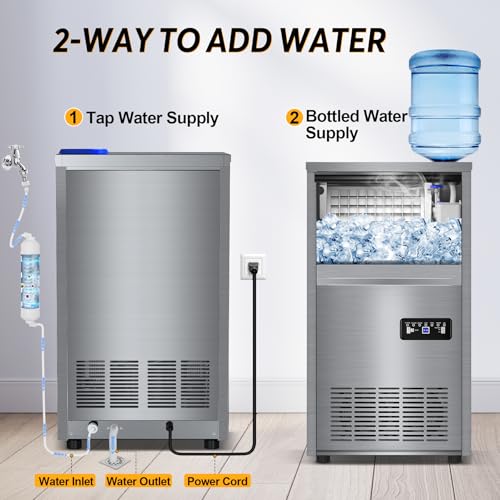 Image of Commercial Ice Maker Machine, 140 lbs /24H with 40 lbs Storage Bin, Built in Ice Machine with 2-Water Inlet Options, Stainless Steel Under Counter Freestanding Ice Maker for Home, Bar, and Restaurant
