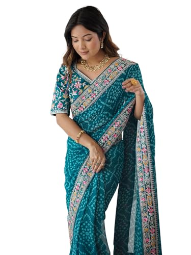 Image of Satrani Women's Georgette Bandhani Printed Sequin Embroidery Saree with Unstitched Blouse Piece