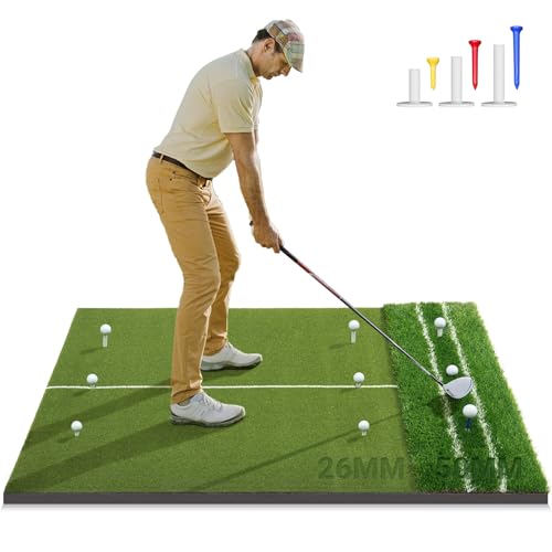 Image of Premium Dual-Turf 5x4ft Golf Mat: 21MM to 50MM High-Elasticity Base Upgraded Golf Hitting Mat, Alignment & Angle of Approach Aid, Indoor /Outdoor Practice, Green,Ideal Gifts for Men Him Dad Husband