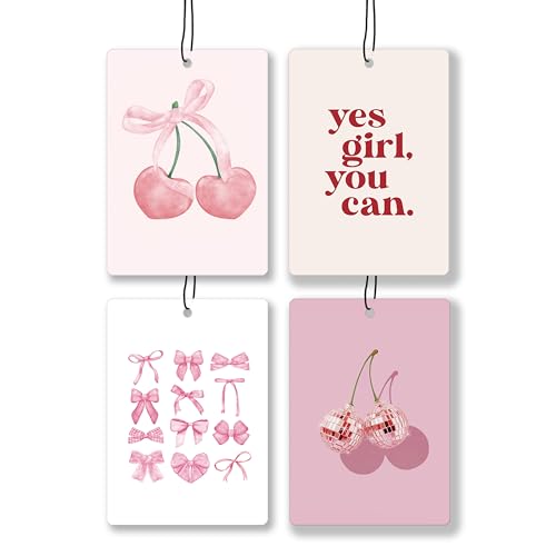 Image of Coquette Pink Bow Lavender Car Air Freshener, Preppy Pink Cherry Disco Ball Yes Girl You Can Hanging Air Freshener 4 Pcs for Cars Closet Drawer Books, Girly Car Accessories Mirror Decor for Women