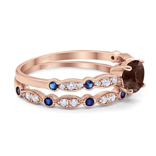 OMRANII Two Piece Round Natural Chocolate Smoky Quartz Ring Marquise Vintage Style Half Eternity Band Wedding Set Engagement Rings For Women 925 Sterling Silver Gift For Her2