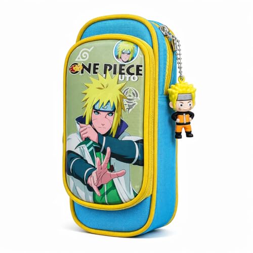 Image of KiddiBox One Piece Anime Pencil Case, Double Zipper Stationery Pouch with Character Charm, School Supply with Keychain (Blue and Yellow)