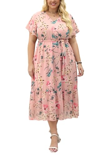 Image of Nemidor Women Plus Size Summer Casual Midi Dress Floral Boho | Sizes 14-26 Plus,Curvy,Long,Spring,Chiffon,Print,Belted waist,Wedding,Party,Vacation,Beach,Cocktail,Easter,Church