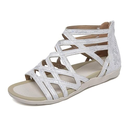 Image of Women's Wide Fit Gladiator Sandals Comfortable Flat Walking Sandals with Cross Straps & Ankle Strap Open Toe Summer Holiday Shoes Back Zip Design Hollow Out Detail for Outdoor Hiking Beach Silver