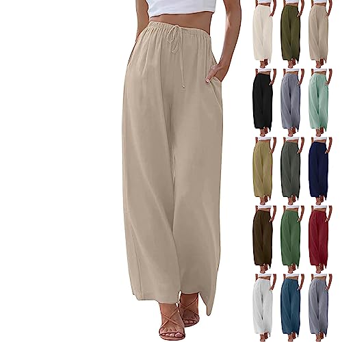 Women's Cotton Linen Summer Palazzo Pants High Waisted Flowy Wide Leg Drawstring Beach Loose Trousers with Pockets