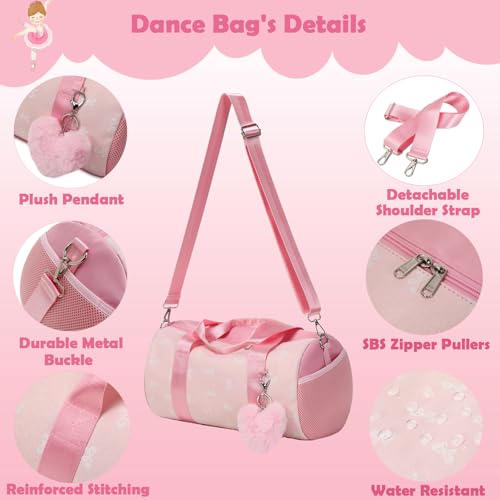 Pink Bow Ballet Bag for Girls with Plush Pendant, Shiny Girls Dance Bag Glitter Sports Duffle Bag with Shoulder Strap and Waterproof Wet Pocket for Girls3