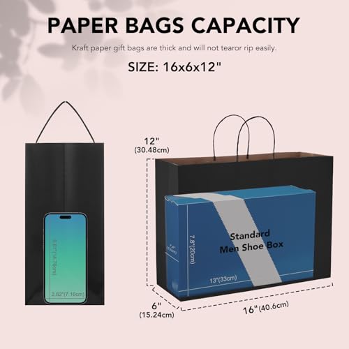 image for METRONIC 25 Pack Large Black Paper Gift Bags 16X6X12 Inches, Shopping 