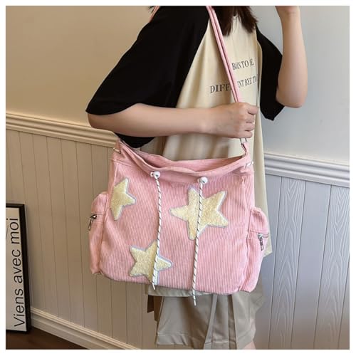 Image of Y2K Star Hobo Bag for Women - Corduroy Drawstring Crossbody Bag, Aesthetic Travel Shoulder Tote (Pink)