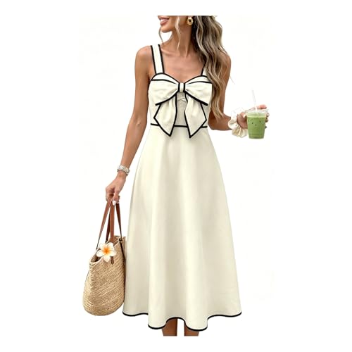JIARY Vestidos De Fiesta Mujer Elegantes, Vestido Invitada Boda, Vestido Largo De Tirantes con Lazo,Escote En V,Crema con Ribetes Negros,para Vacaciones Playa Y Graduación,Coctel,L