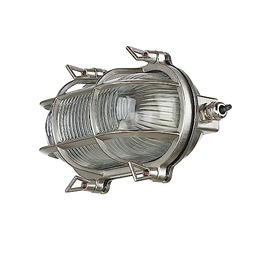 Lámpara de pared exterior de latón y vidrio en níquel mate, IP64, para terraza y casa, 21 cm de ancho, E27, estilo marítimo rústico, SKIATHOS
