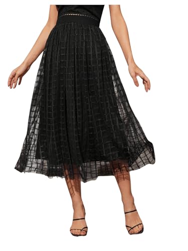 OYOANGLE Women's Plaid Contrast Mesh Flared Skirt Elastic High Waist Flowy Elegant Midi Skirts