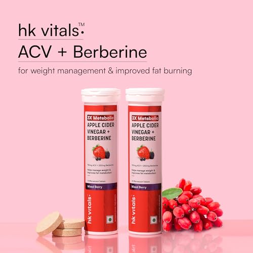 Image of hk vitals 3x Metabolic Apple Cider Vinegar 750mg + Berberine 250mg, Mixed Berry, 30 Effervescent Tablets (15 Tablets each) | Combo Pack