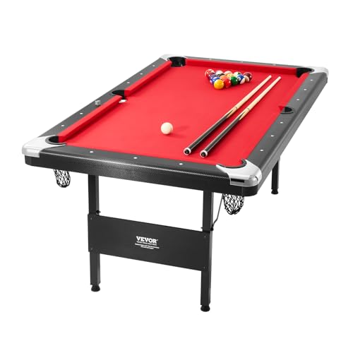 VEVOR Billiards Table, 6.3 ft Pool Table, Portable Foldable Space-Saving Table, Billiard Table Set Includes Balls, Cues, Chalks and Brush, Black with Red Cloth, Perfect for Family Game Room Kid Adult
