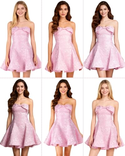 Image of JUMISEE Women's Elegant Bow Strapless Homecoming Dress A Line Swing Tube Mini Dress Short Evening Party Prom Dress
