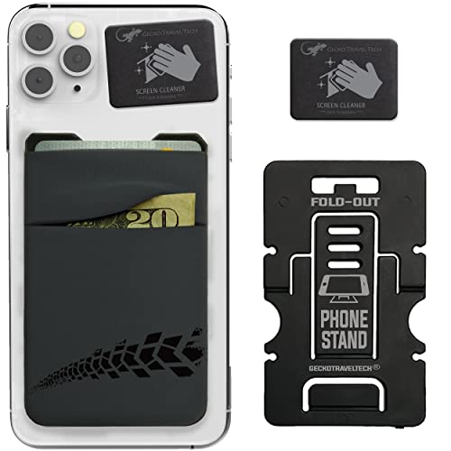 Image of Gecko Travel Tech Double Pocket - Adhesive Card Holder - Cell Phone Pouch - Stick on Lycra Pocket - Carry Credit Cards and Cash (Gray - TIRE)
