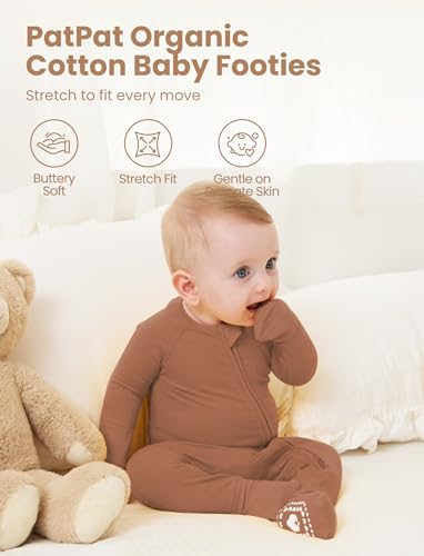 PATPAT Organic Cotton Baby Footie Pajamas with Two-Way Zipper & Fold-Over Mittens, Soft Stretchy Romper for Newborn Boy Girl2