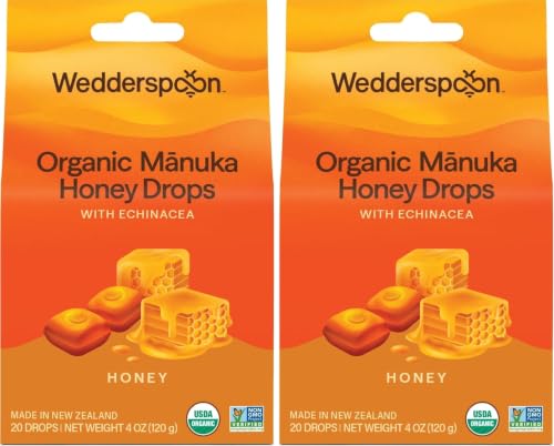 Image of Wedderspoon Organic Manuka Honey-Drops & Echinacea, 20 Count | Genuine New Zealand-Honey | Perfect Remedy for Dry Throats (Pack of 2)