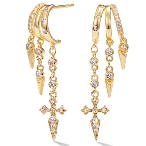 MUMREUES Boucles d'Oreilles Cercles pour Femme Plaqué Or 14K Boucles d'Oreilles Chaîne avec Franges en Zircon Minimalistes Légères Boucles d Oreilles pour Femmes...