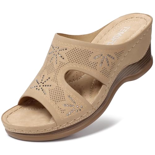 Image of TEMOFON Women Wedge Sandals Dressy: Comfortable Lightweight Summer Shoes | Low Wedge Heel - Fit Wide Feet - Comfy Stylish Slip on Sandals Size 5-11