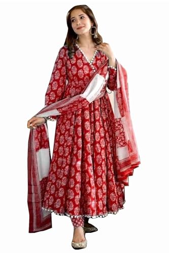 Image of UK Textiles Rayon Angrakha Pattern Anarkali Kurti Pant and Dupatta Set for Women & Girls