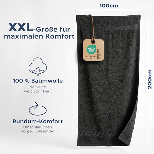 Twinzen Saunahandtuch 100x200 cm - XXL Saunatuch & Badetuch aus 100% Baumwolle, saugstark & weich, mit Aufhänger, Oeko-TEX Zertifiziert - Anthrazit