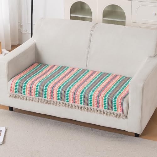 Image of HOKIPO 'Artisan Boho Series' Sofa Cover Mat with Tassel | 450 GSM Cotton Acrylic Jacquard for 2 Seater Sofa, Mint Green (IN-902-A7*S)