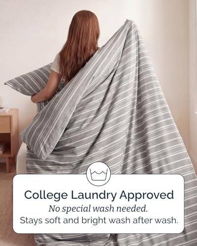 Image of Duvet Cover Queen Size Set - Extra Soft Queen Duvet Cover 90 inch x 90 inch with 2 Pillow Shams for Women, Men, Kids & Teens - Hotel Luxury w / Zipper Closures & Ties - Comfy, Cozy & Breathable (Beige Stripes)